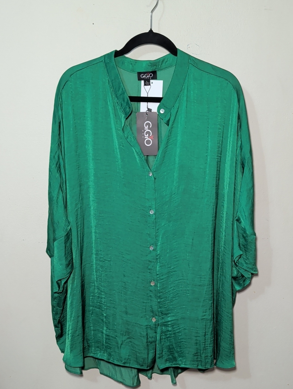 GIGIO Emerald Green Satin Tunic Button Front 3/4 Sleeve Oversized Women's Size L